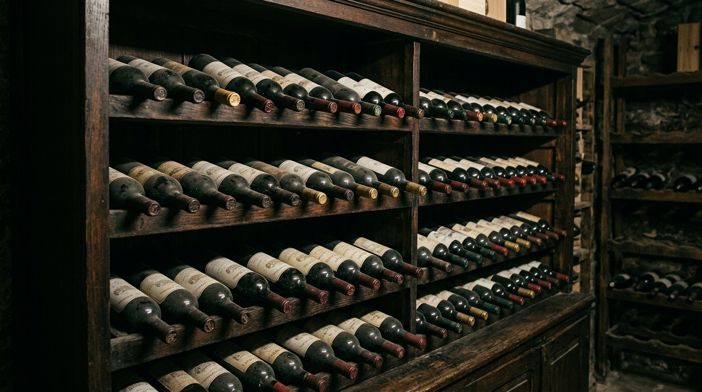Garrafas de vinho deitadas horizontalmente em um armário escuro e fresco