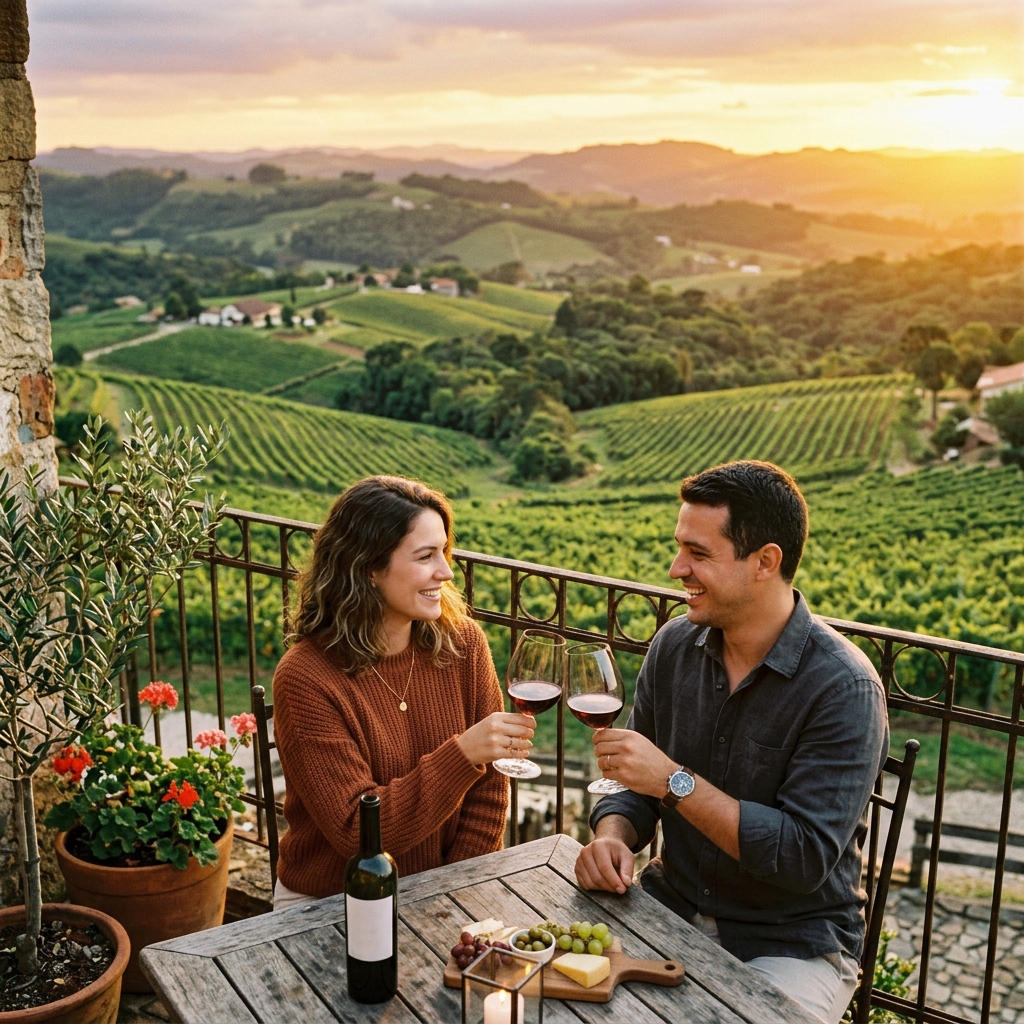 Casal brindando com vinho tinto em varanda com vista para vinhedos da Serra Gaúcha