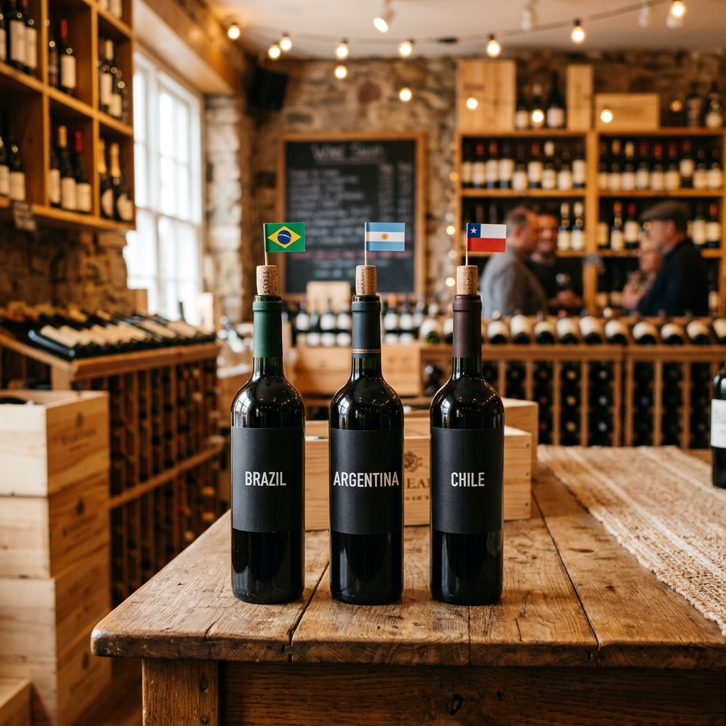 Três garrafas de vinho lado a lado representando Brasil, Argentina e Chile com bandeirinhas
