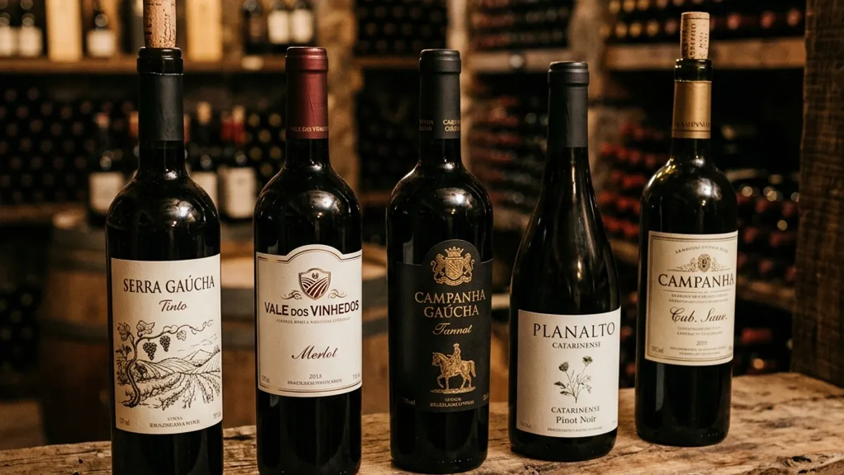 Garrafas de vinho brasileiro em adega rústica
