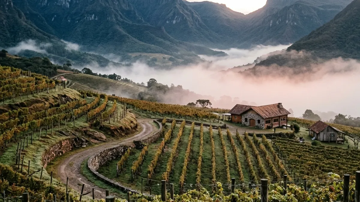 Vinhedos de altitude em São Joaquim com neblina matinal