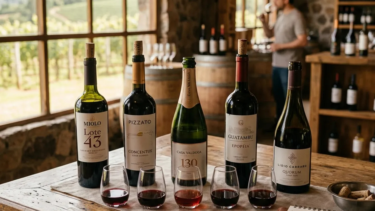 Mesa de degustação com garrafas de Cabernet brasileiro