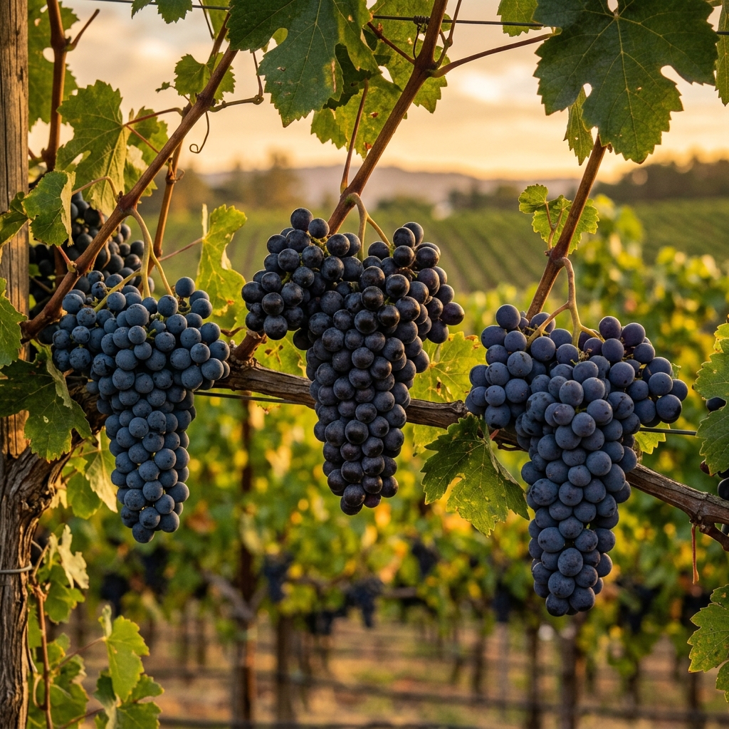 Cachos de uvas tintas na videira ao pôr do sol em vinhedo