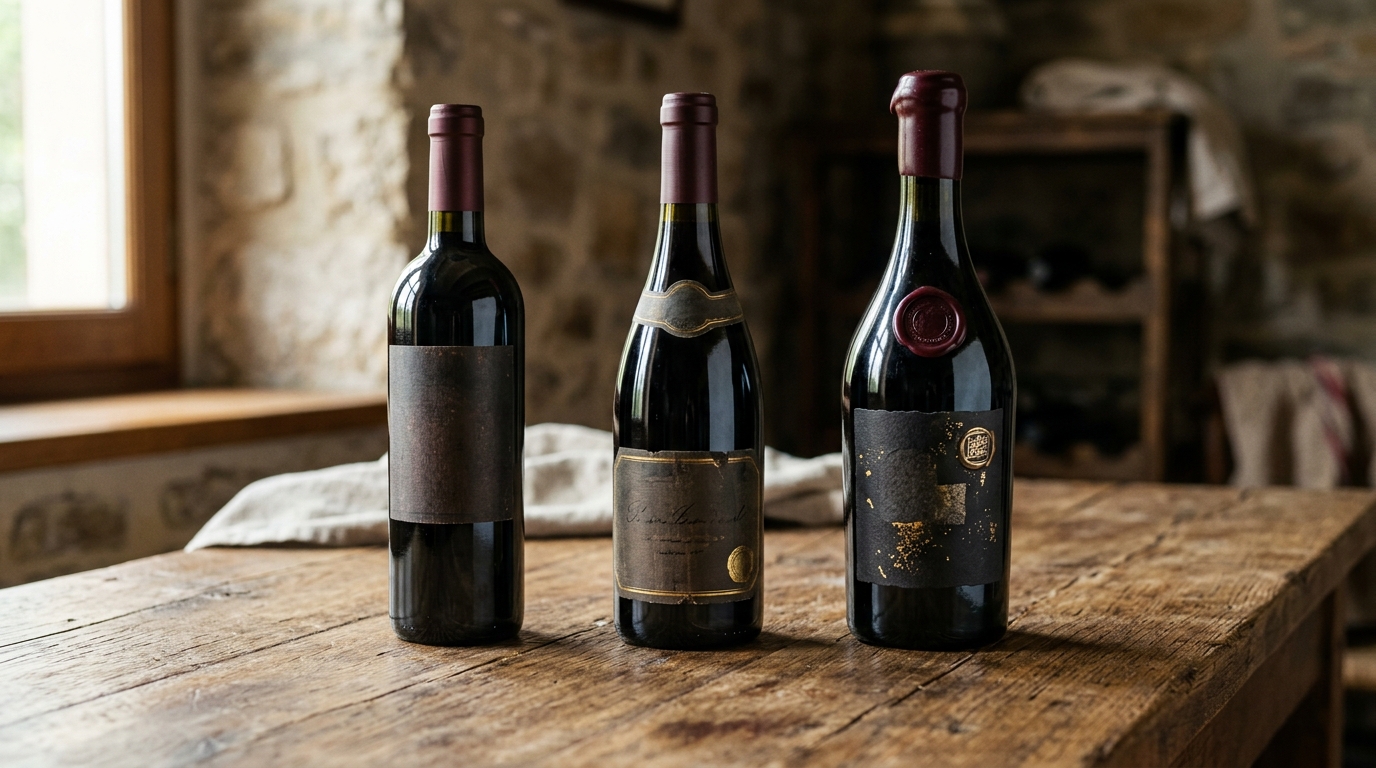 Três garrafas de Cabernet de faixas de preço diferentes alinhadas sobre uma mesa de madeira