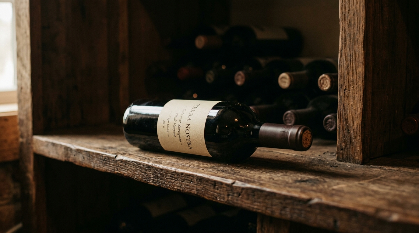 Garrafa de Cabernet Sauvignon deitada em uma prateleira de madeira na penumbra
