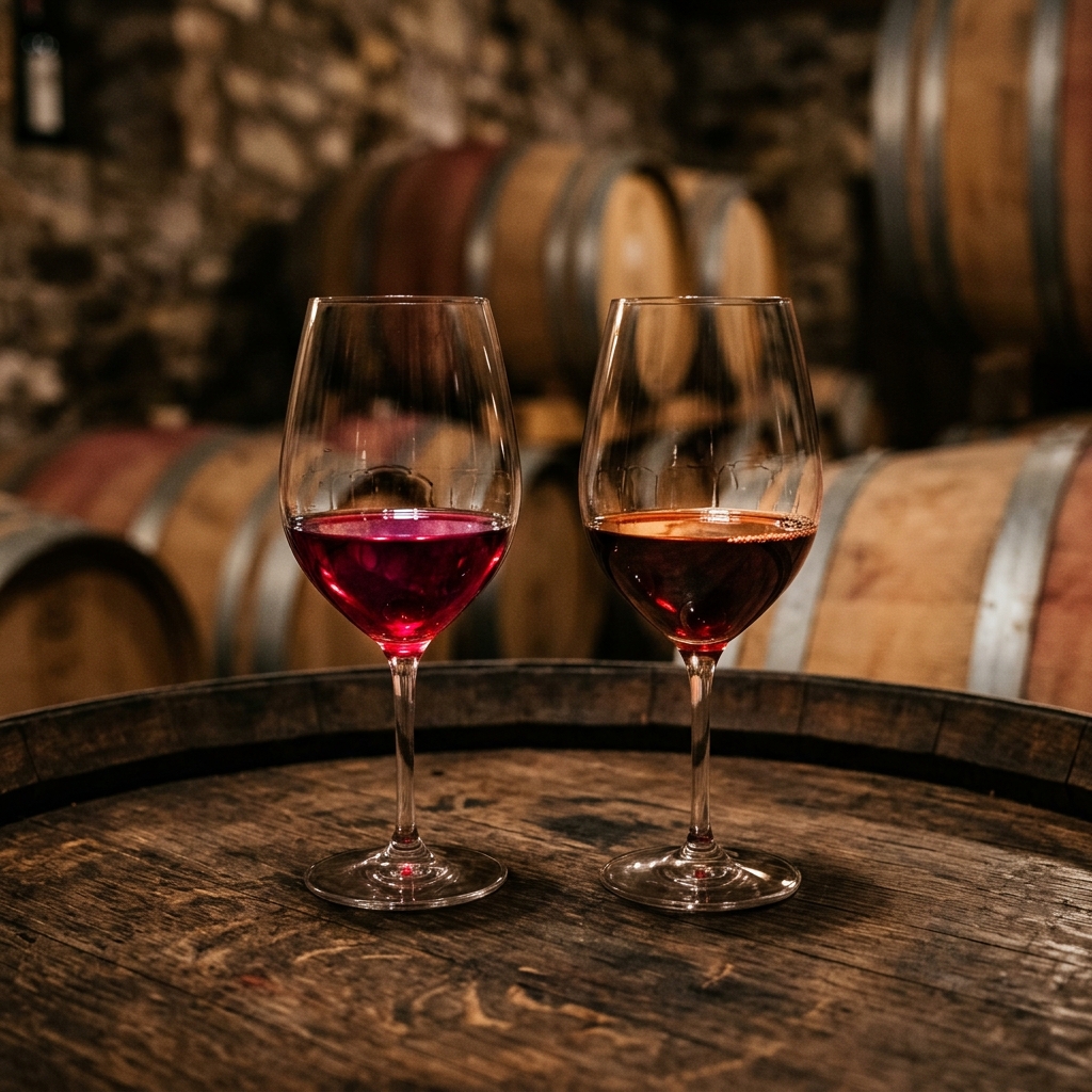 Duas taças de Cabernet lado a lado — uma rubi brilhante (jovem) e outra granada (envelhecida) — sobre barril de carvalho