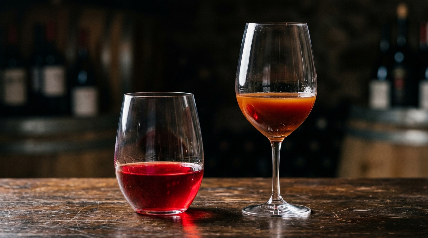 Duas taças de Cabernet lado a lado, uma de tom rubi vivo e outra de tom mais atijolado