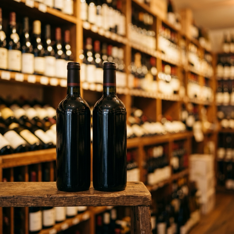 Garrafas de Cabernet Sauvignon e Carménère lado a lado em prateleira