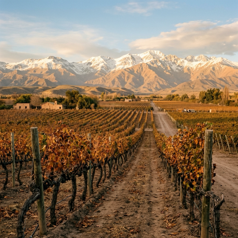 Vinhedos antigos no Vale do Maipo, Chile, com a Cordilheira dos Andes ao fundo