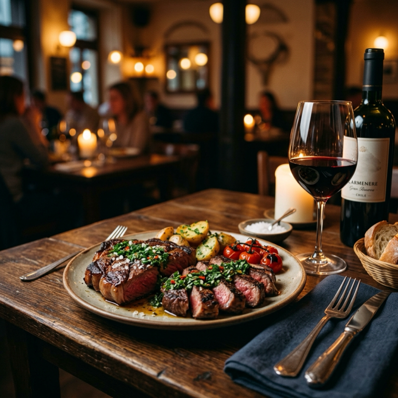 Mesa com prato de carne assada e taça de vinho tinto chileno