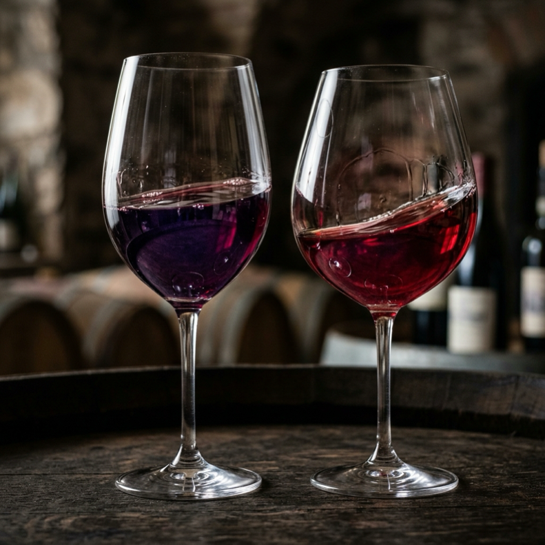 Duas taças de vinho tinto lado a lado mostrando diferença sutil de cor e densidade