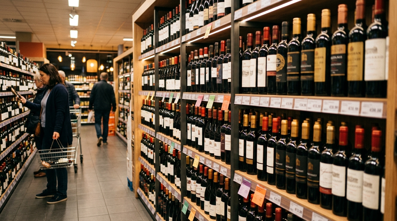 Prateleira de supermercado com várias garrafas de Cabernet de diferentes faixas de preço