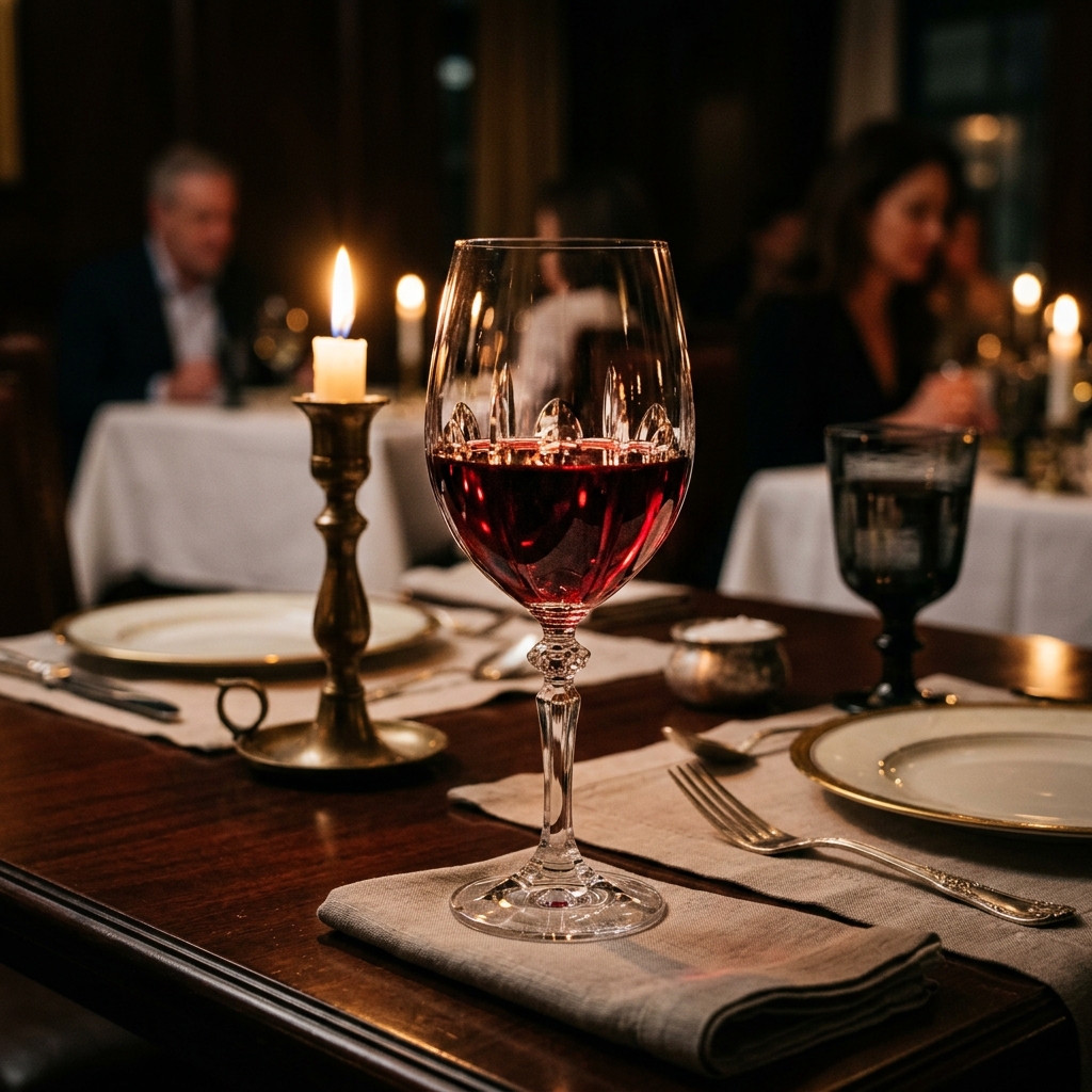 Taça elegante de Cabernet Sauvignon em mesa de jantar formal com velas