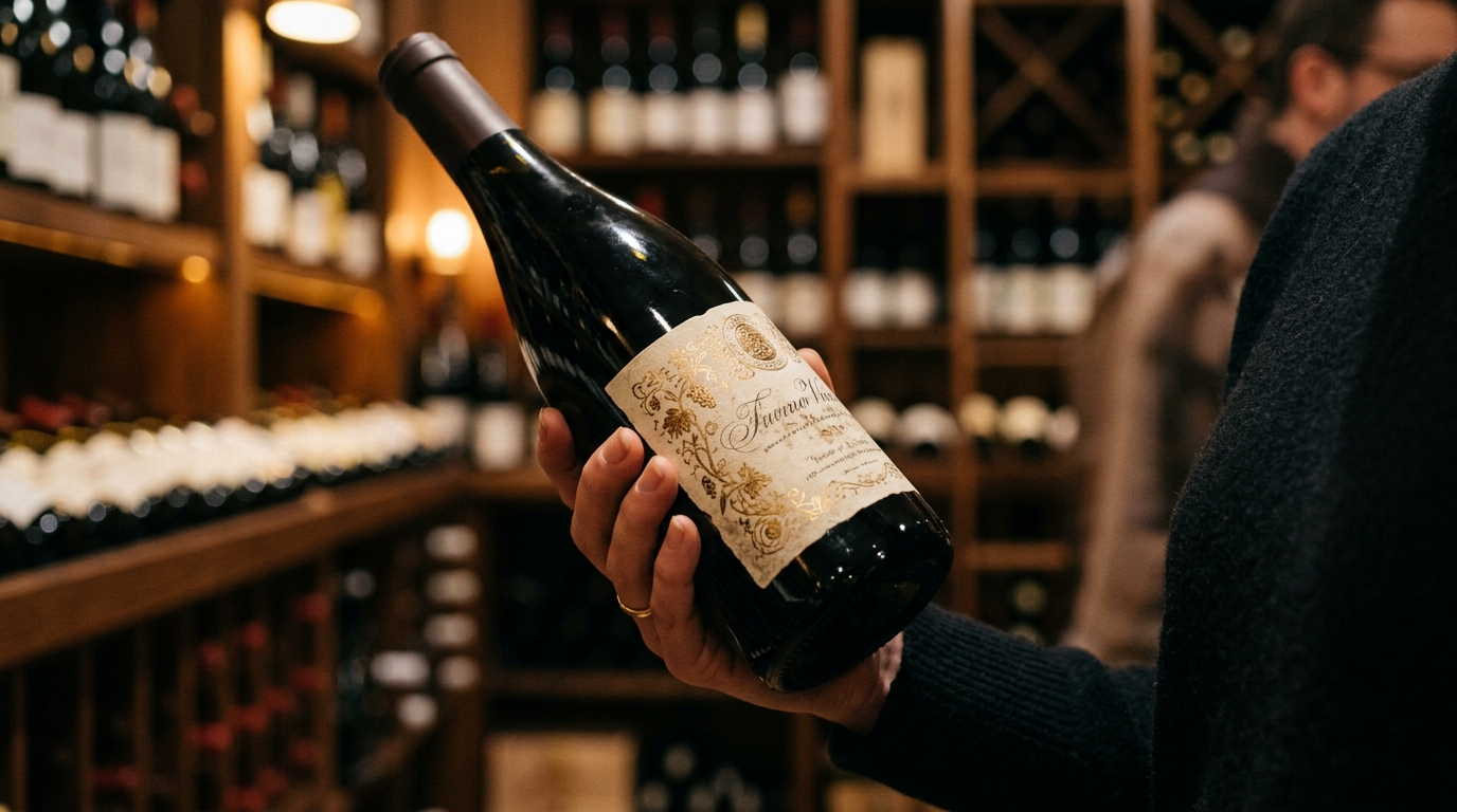 Rótulo de vinho sendo examinado de perto por uma mão, mostrando informações da garrafa