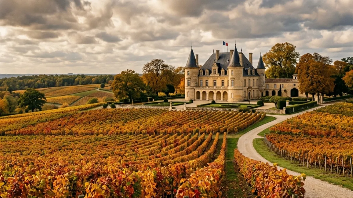 Château de Bordeaux cercado por vinhedos de Cabernet no outono