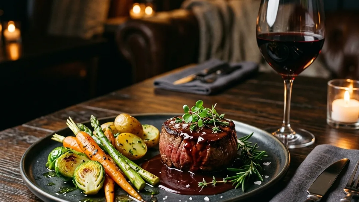 Filé mignon com redução de vinho ao lado de taça de Cabernet