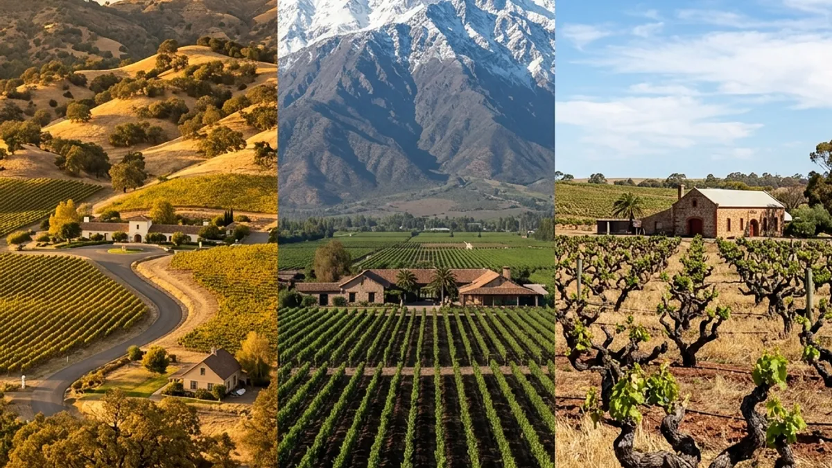 Três regiões vinícolas icônicas: Napa Valley, Maipo Valley e Barossa