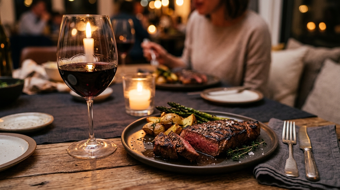 Taça de Cabernet servida ao lado de um prato de carne em jantar aconchegante
