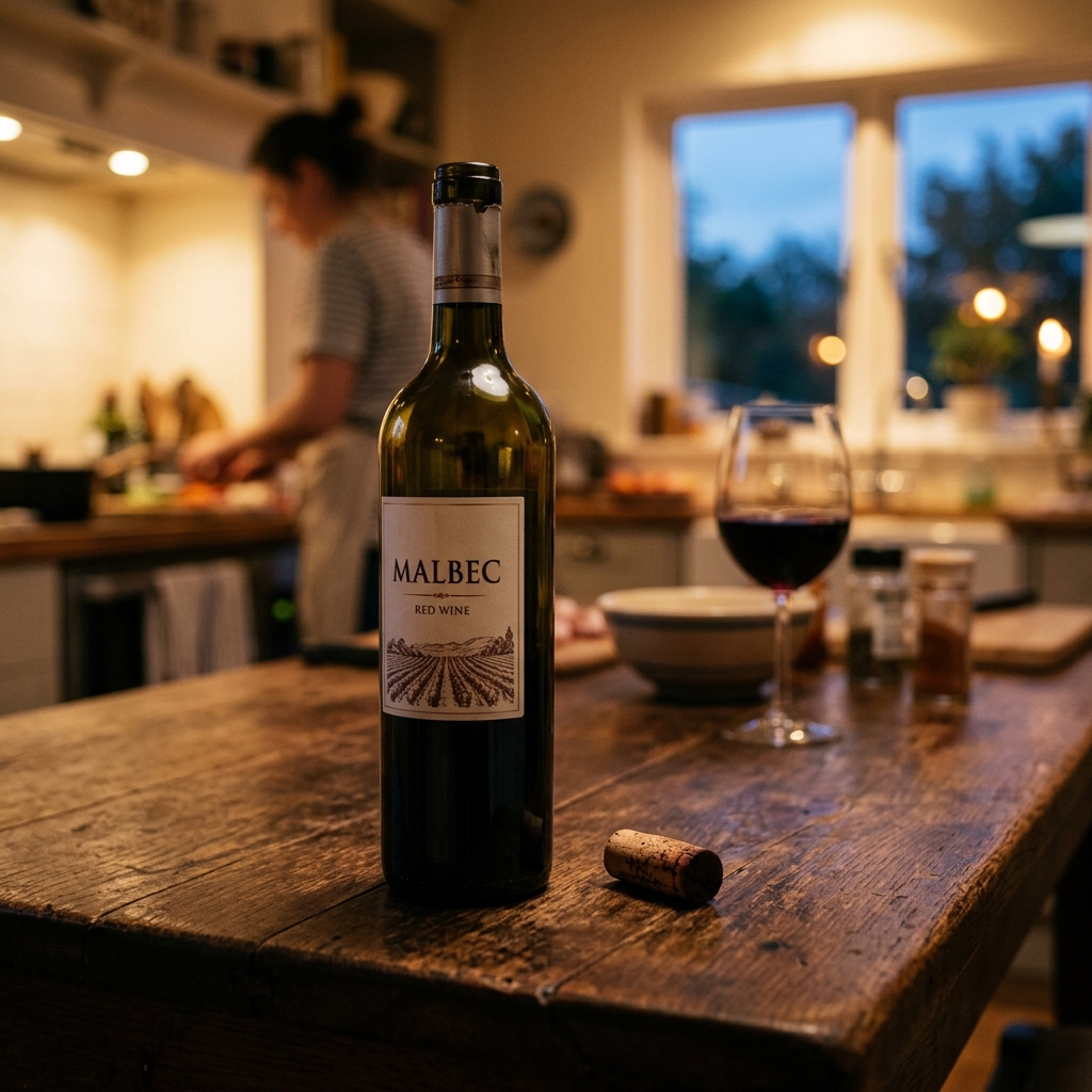 Garrafa de Malbec aberta com rolha ao lado na mesa de jantar