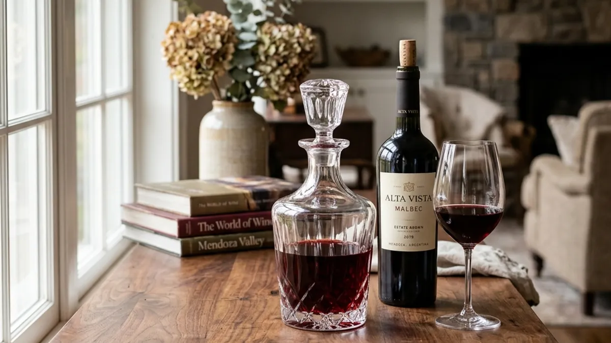 Decanter de cristal com Malbec ao lado de garrafa e taça