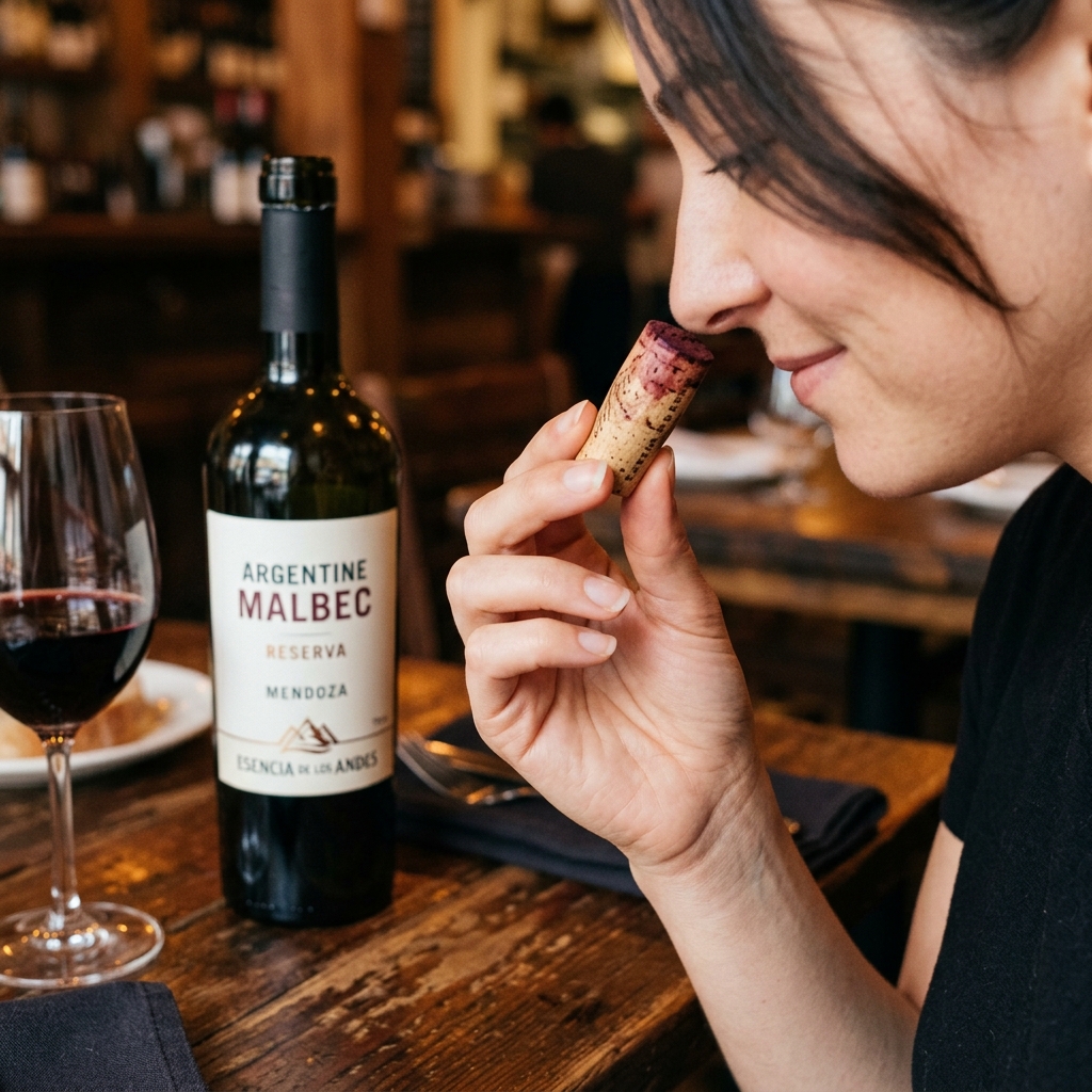 Mulher cheirando a rolha de um Malbec recém-aberto