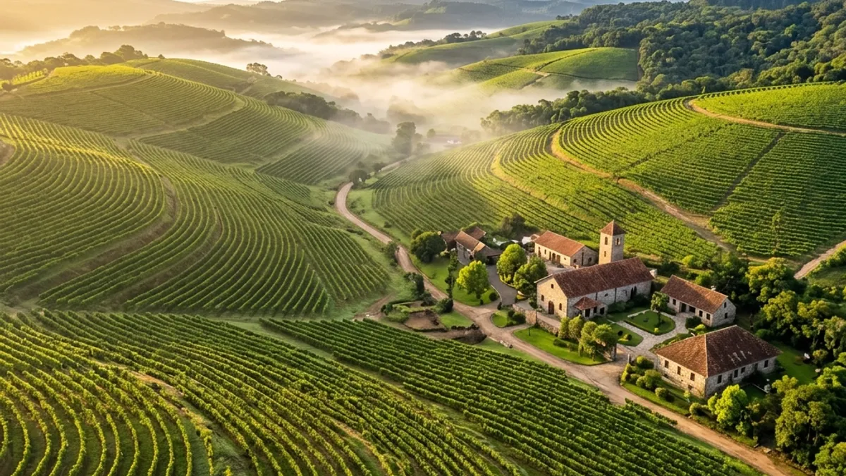 Vinhedos da Serra Gaúcha com arquitetura colonial italiana