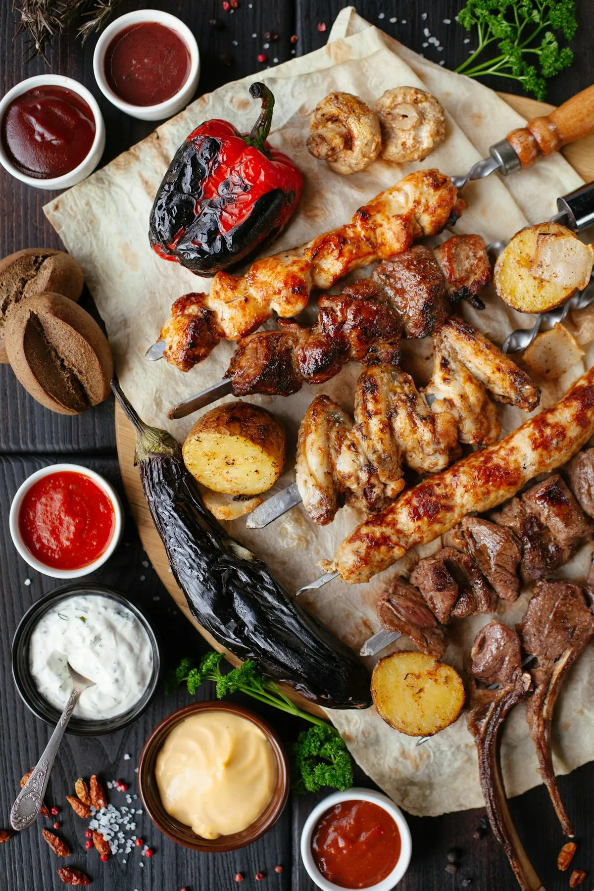 Mesa de churrasco brasileiro com picanha na grelha e taça de vinho tinto