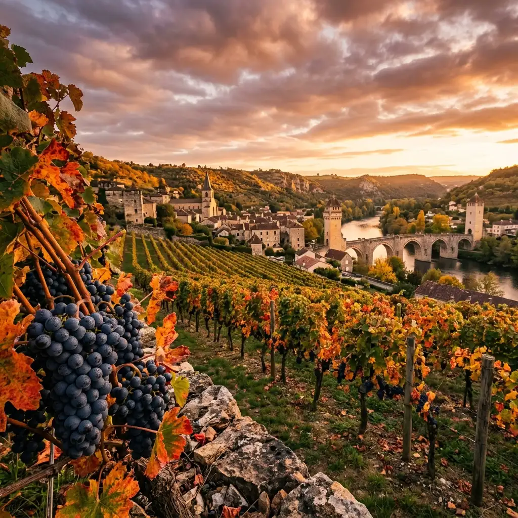 Vinhedos de Malbec em Cahors, sul da França, com ponte medieval e uvas escuras ao entardecer