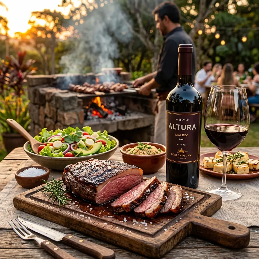 Churrasco brasileiro com picanha fatiada, salada e garrafa de Malbec argentino