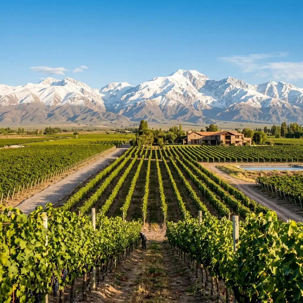 Vinhedos de Malbec em Mendoza, Argentina, com a Cordilheira dos Andes nevada ao fundo