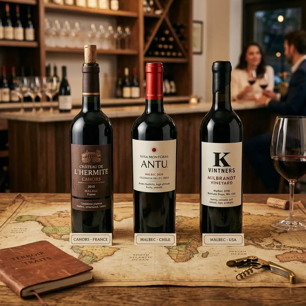 Três garrafas de Malbec de regiões diferentes: Cahors na França, Chile e EUA