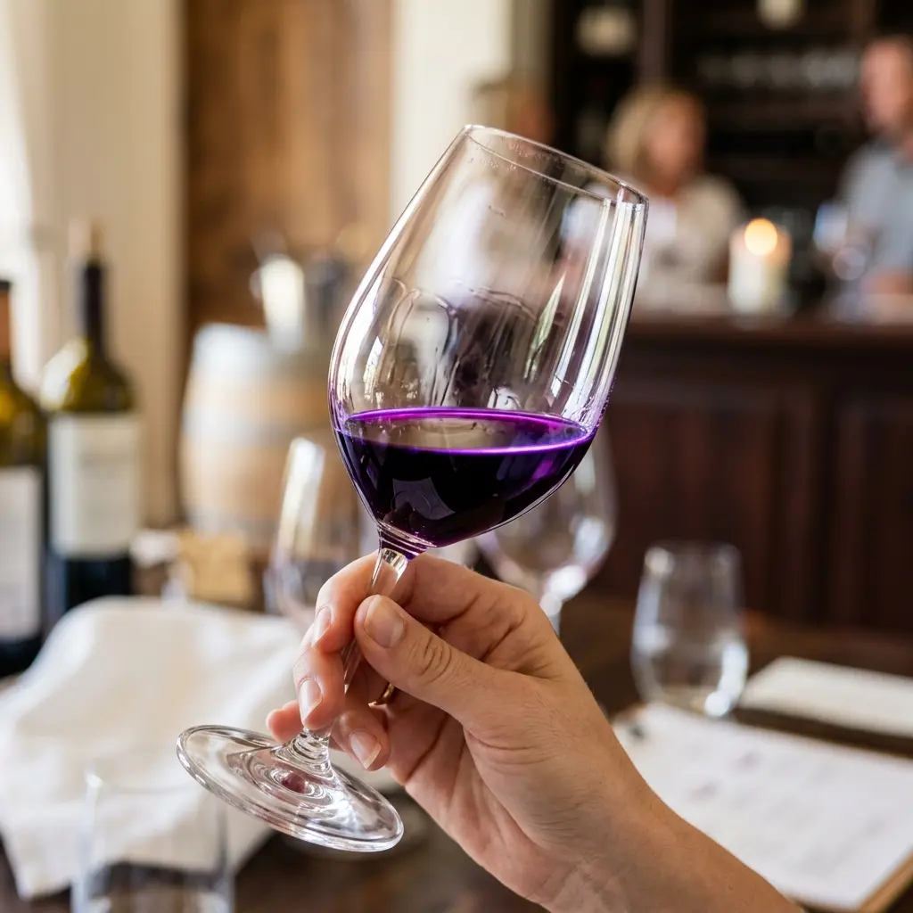 Taça de Malbec com cor rubi-violeta profunda sendo apreciada em degustação