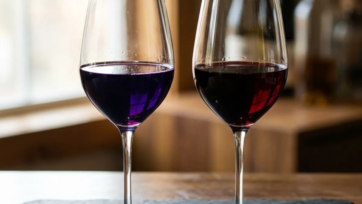 Duas taças lado a lado: Malbec violeta e Cabernet rubi escuro