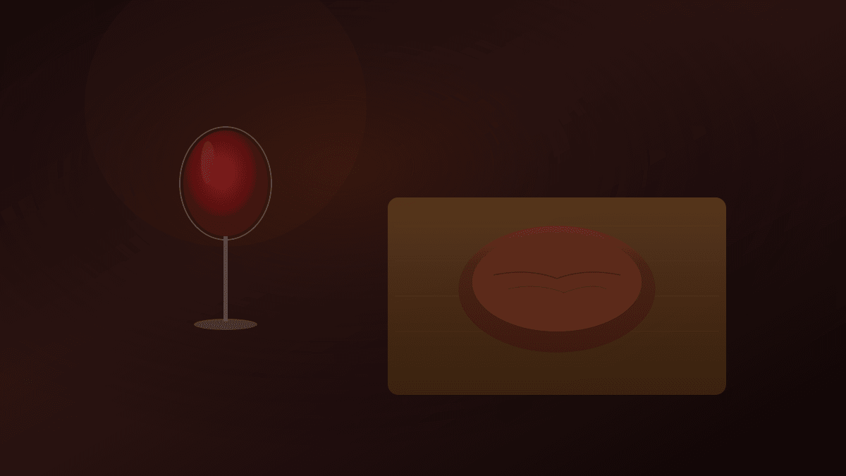 Taça de Cabernet Sauvignon ao lado de um ribeye grelhado em tábua de madeira, iluminação dramática