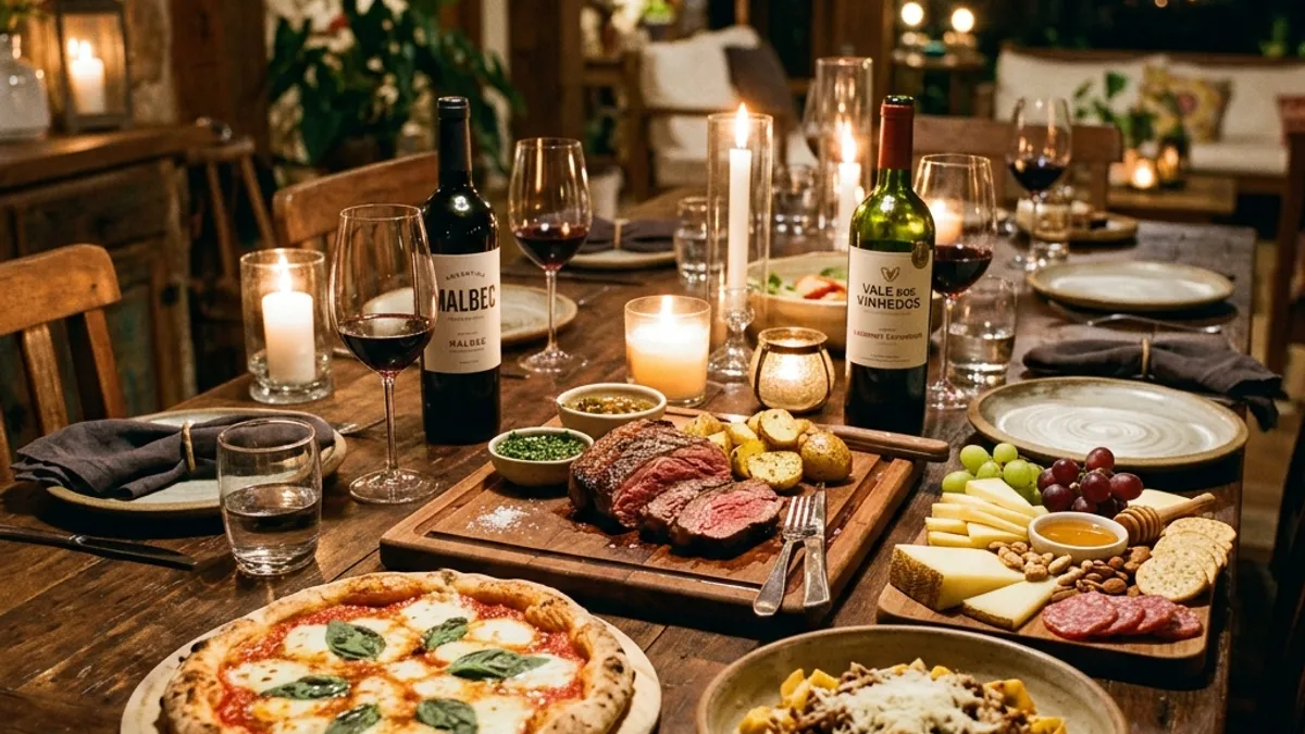 Mesa de jantar com pratos variados e garrafas de Malbec e Cabernet
