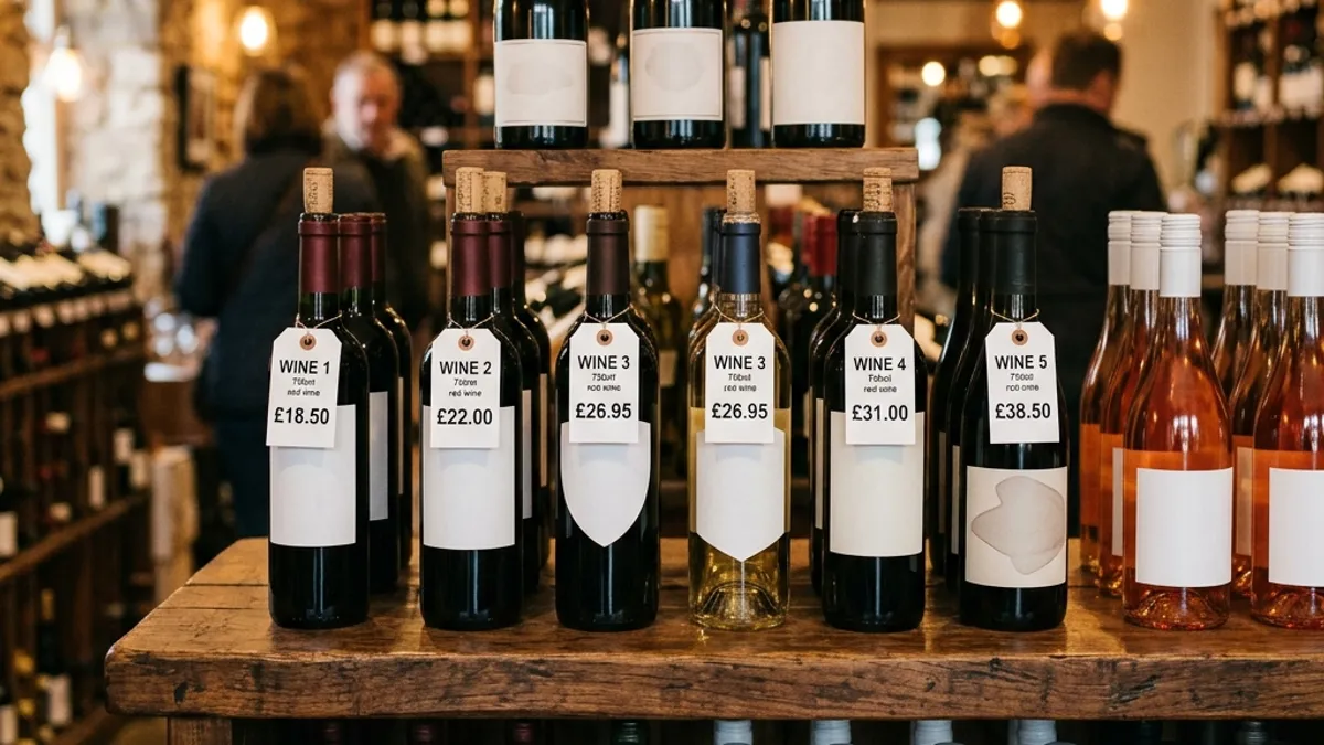 Garrafas de vinho em prateleira organizadas por faixa de preço