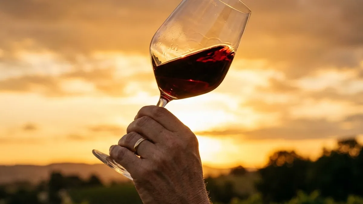 Mão segurando taça de vinho contra o pôr do sol