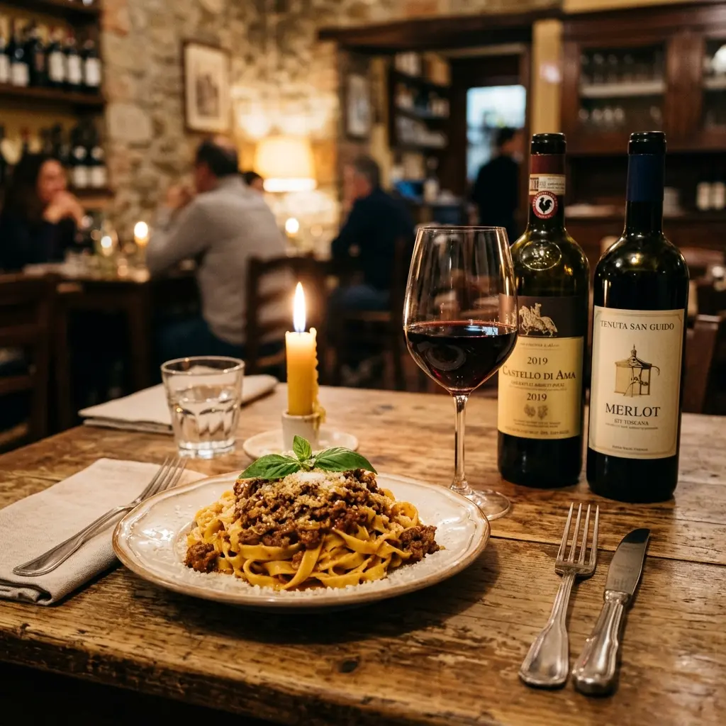 Prato de tagliatelle à bolonhesa com garrafas de Chianti e Merlot em mesa rústica