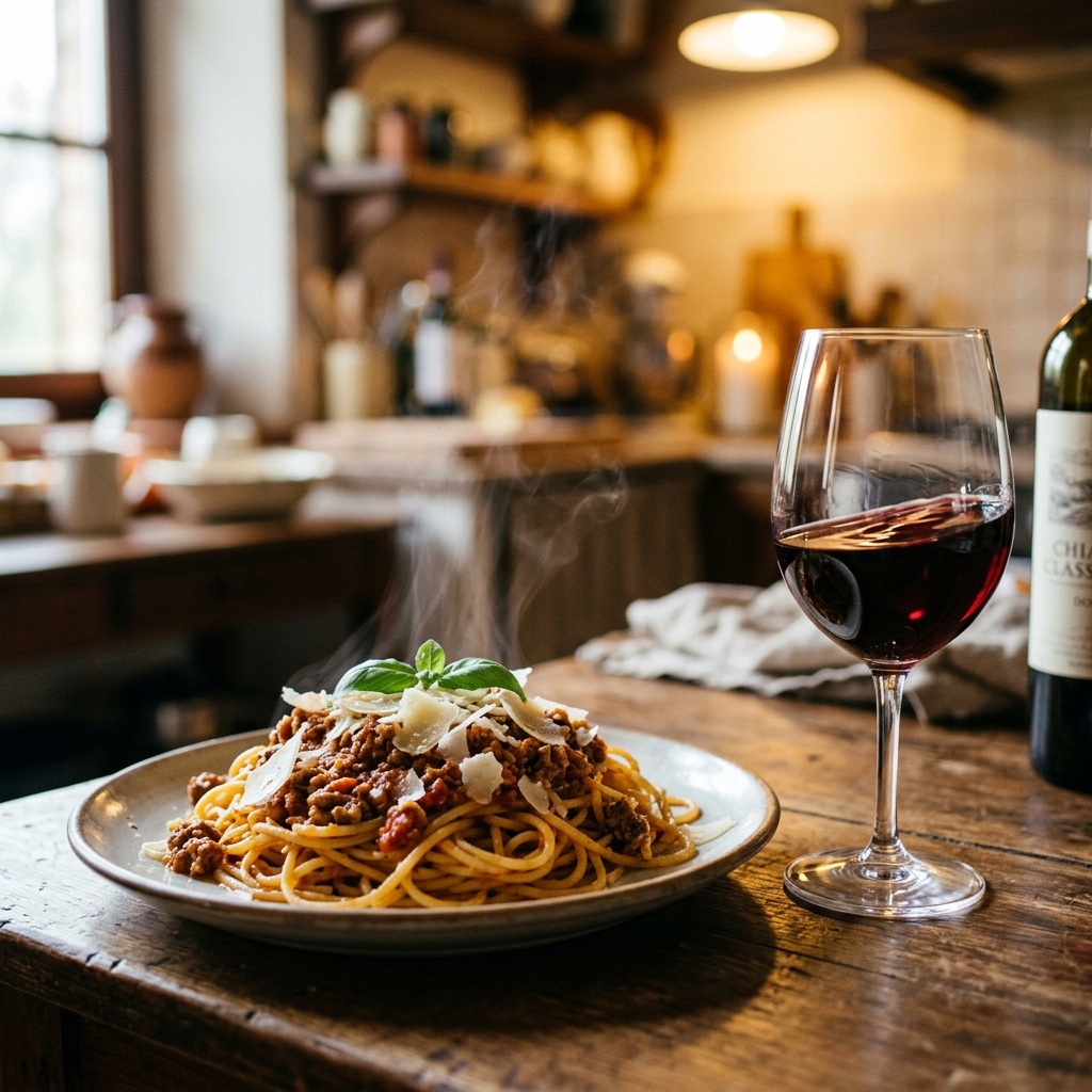 Taça de vinho tinto ao lado do prato de massa à bolonhesa