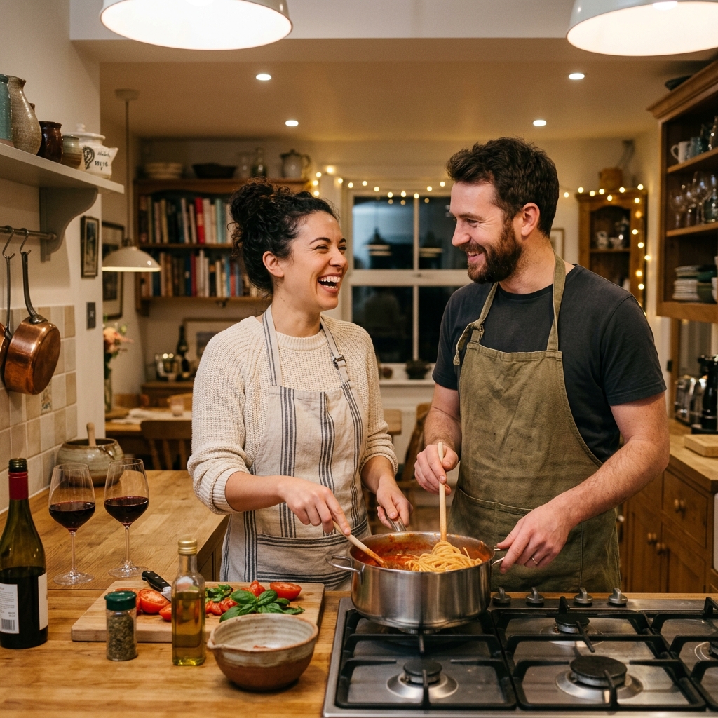 Casal cozinhando junto em casa com duas taças de vinho tinto na bancada