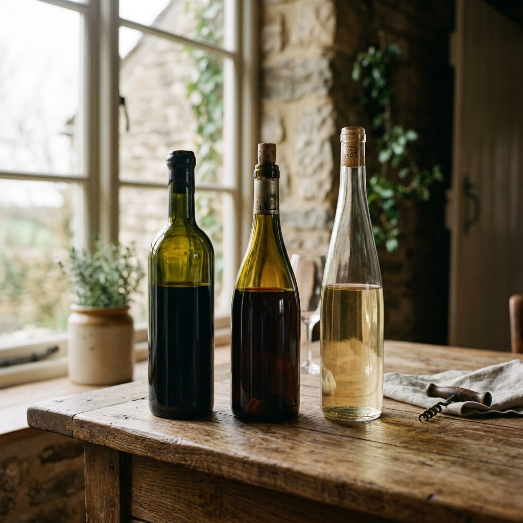 Três garrafas de vinho de faixas de preço diferentes lado a lado em mesa de madeira