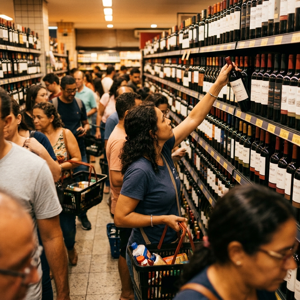 Prateleira de vinhos de supermercado lotada na véspera do Dia dos Namorados