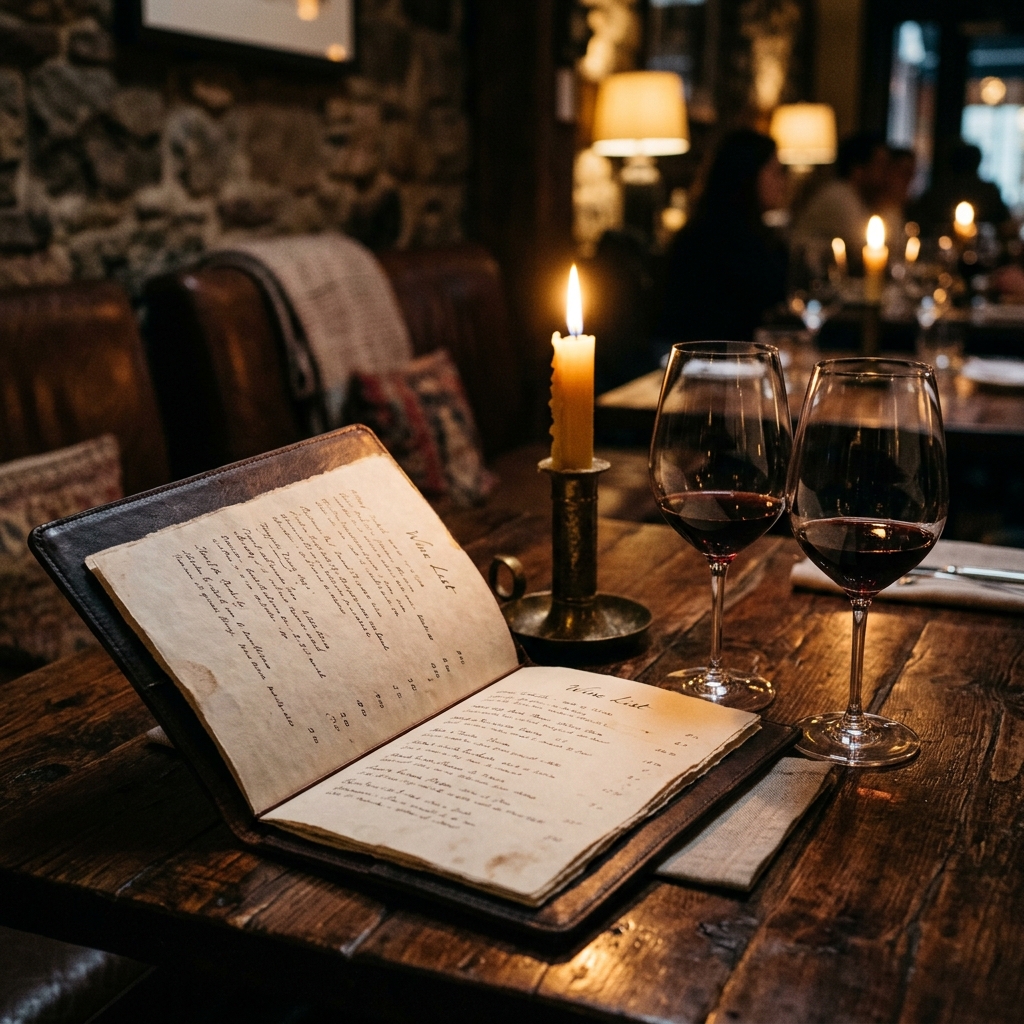 Mesa de restaurante à meia-luz com carta de vinhos aberta e duas taças
